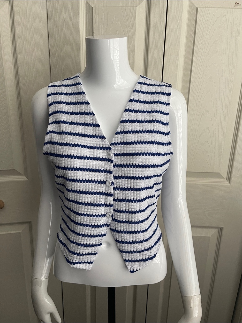 Shein Blue White Striped Crochet Knit Button Down crop Top.  Cont-A